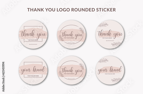Printable Thank You Rounded Sticker and Logo Sticker Decorated with Handwriting Font Pink Brush Watercolor and Botanical Frame. Suitable for Small Online Business Beauty, Fashion, Cosmetic Branding