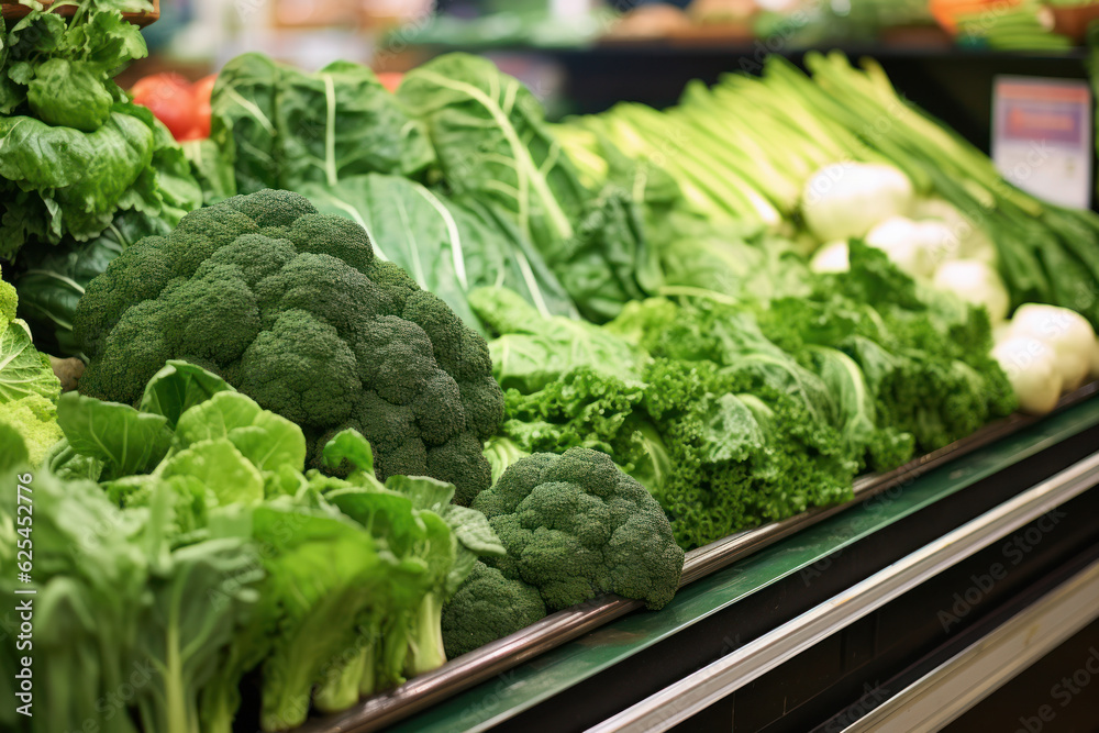 Fresh greens and vegetables on a display in a supermarket . Fresh greens and vegetables on a display in a supermarket .