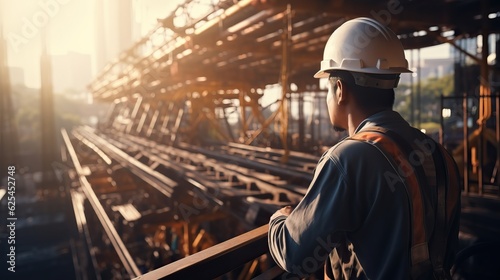  Engineer Technician Watching Team of Workers on High Steel Platform, 