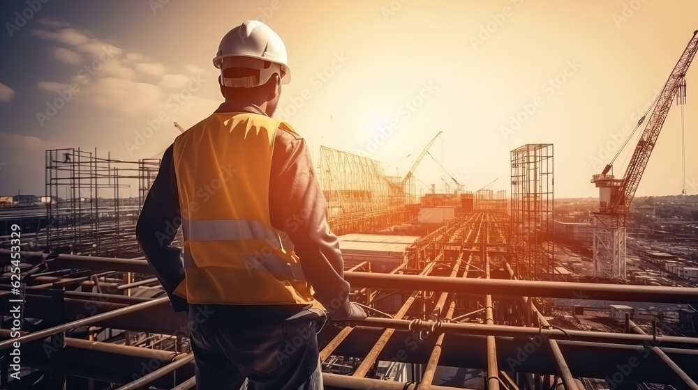 Engineer Technician Watching Team of Workers on High Steel Platform, Engineer Technician Watching Team of Workers on High Steel Platform,