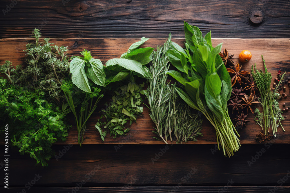 Fresh herbs and spices used to enhance flavor in healthy cooking. 
