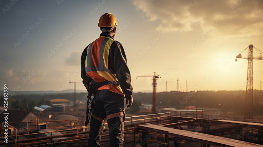 Engineer Technician Watching Team of Workers on High Steel Platform, Engineer Technician Watching Team of Workers on High Steel Platform,