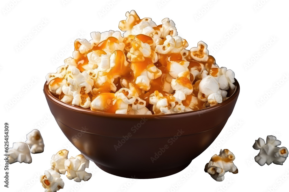 popcorn in a bowl whit salt caramel, Transparent background. generative AI popcorn in a bowl whit salt caramel, Transparent background. generative AI