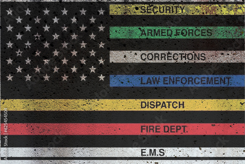 Thin Line First Responder American Flag Thin Line First Responder flag waving at cloudy sky background on sunset, panoramic view. copy space for wide banner.