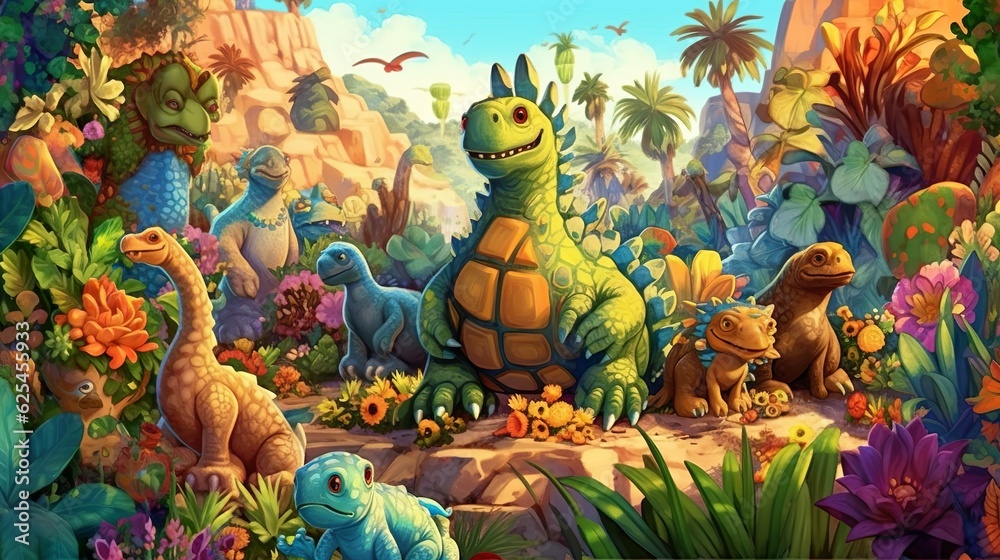 Naklejka premium Abstract background fantastic creatures. A captivating illustration with a banner design, depicting a magical realm inhabited by fantastic creatures against a colorful background. Generative AI.