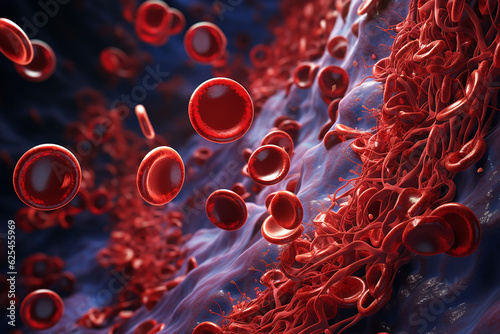 Blood clot in human blood, 3D illustration showing red blood cells in artery.
