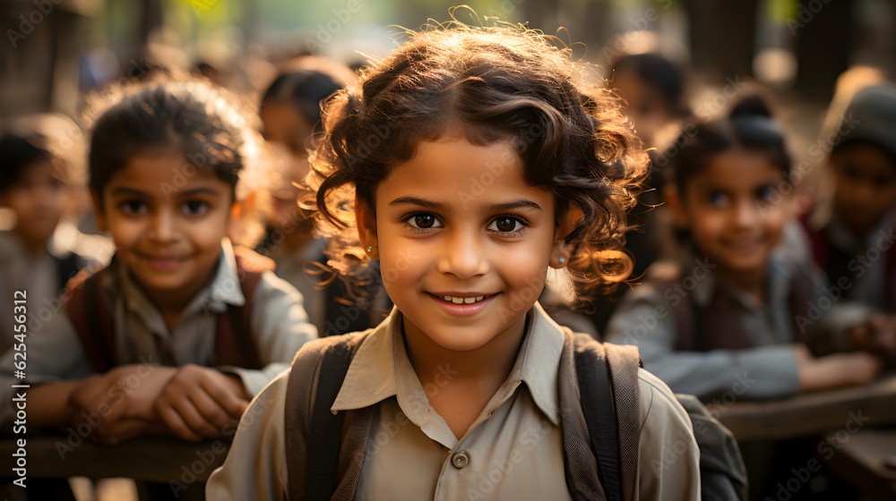 school children Smiling child looking at camera with friends in the background Generative AI school children Smiling child looking at camera with friends in the background Generative AI