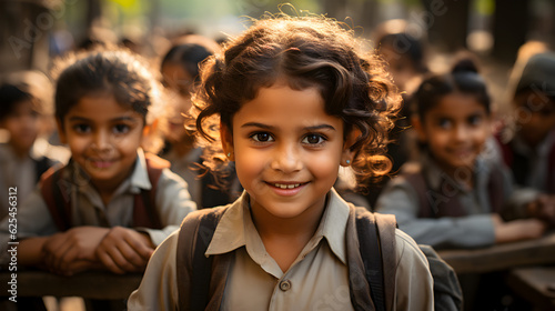 school children Smiling child looking at camera with friends in the background Generative AI
