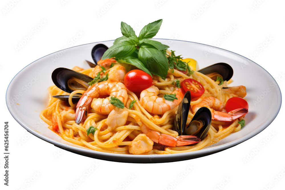 spaghetti with seafood , Transparent background. generative AI