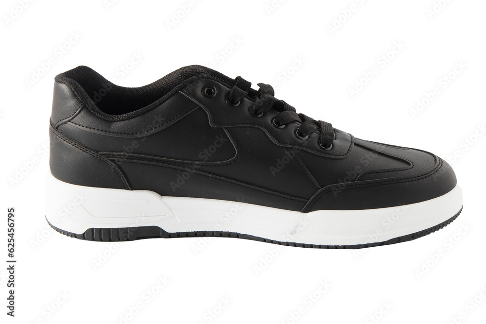 Black sneakers isolated on white background. Sports shoes for running. New footwear minimal casual style. Black sneakers isolated on white background. Sports shoes for running. New footwear minimal casual style.