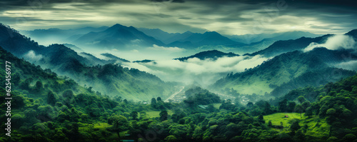 Foggy landscape in the jungle. Fog and cloud mountain tropic valley landscape. aerial view  wide misty panorama
