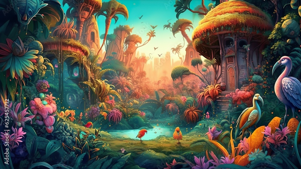 Obraz premium Abstract background garden of paradise. A visually stunning illustration in a banner design, capturing the ethereal charm and mystical ambiance of a magical garden of paradise. Generative AI.