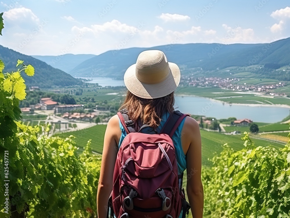 woman with backpack on the beautiful hills by the valley view italian countryside