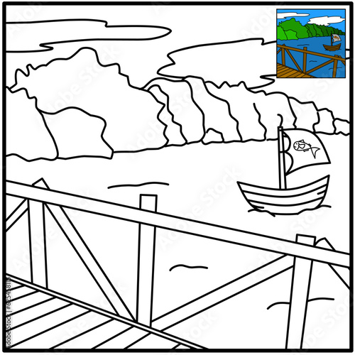 Illustration of a beautiful ocean view seen from the pier for children's coloring books. Coloring book for kids. Children drawing page. Cartoon vector illustration. 
