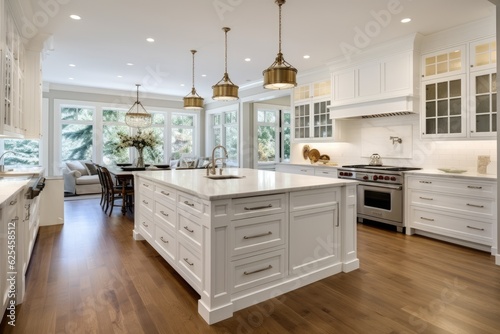 Gorgeous kitchen in a recently built, high end residence featuring elegant hardwood flooring, two charming farmhouse sinks, and immaculate white cabinetry.