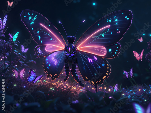 Neon Glow Butterfly Octane Render Dreamcore Night Sparkle Background. Nightlight, Moonlight, Flowers, Glowing Butterflies, Beautiful Magical background.