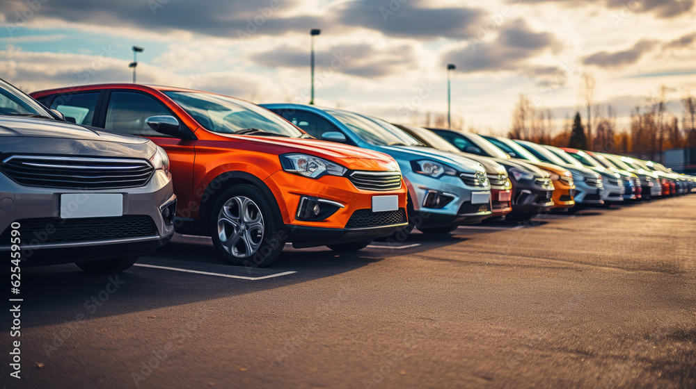 Fototapeta premium Cars For Sale. Automotive Industry. Cars Dealership Parking Lot. Rows of Brand New Vehicles Awaiting New Owners.