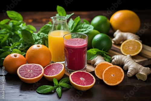 A variety of colorful and nutritious smoothie ingredients on a table. 