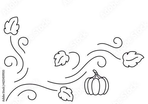 Pumpkin border or corner with leaves and vines isolated on white background. Line art style. Universal pumpkin image for  harvest festival, frame, card, Halloween decoration.   Vector illustration.