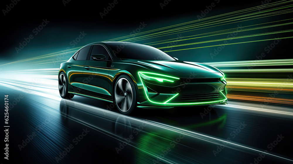 Green neon light motion glowing in the dark electric car on high-speed running concept. Fast EV silhouette.