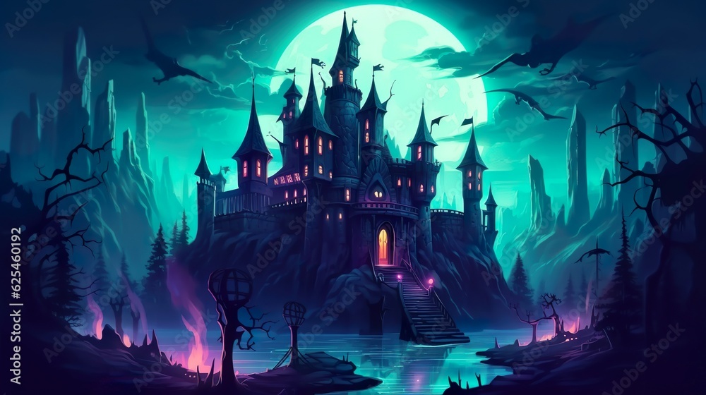 Abstract background ghost castle. A visually stunning illustration in a banner design, capturing the ethereal charm and enchantment of a ghost castle amidst a magical setting. Generative AI.