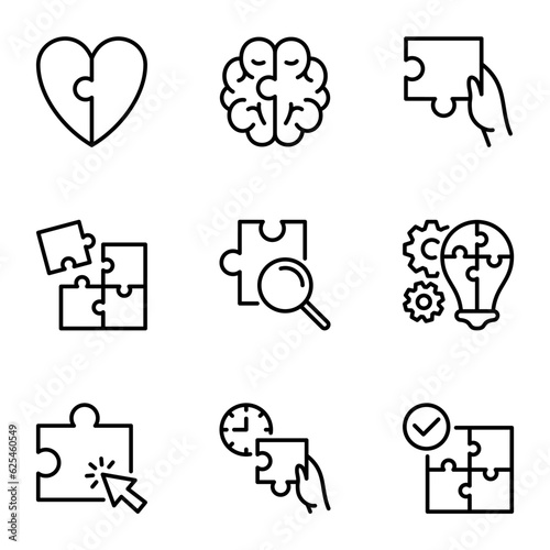 puzzle line icons set. solve, lined, mind, task, complete, jigsaw, puzzle, match, brain, solution, stroke, problem, process, strategy, challenge