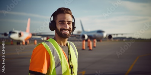 Portrait of a man aircraft marshall worker in runway airport