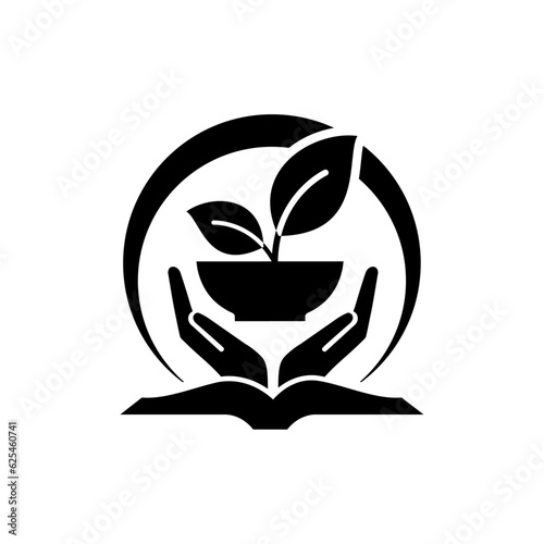 Tree plantation, plant care , planting education logo and vector icon design black and white, green icon.