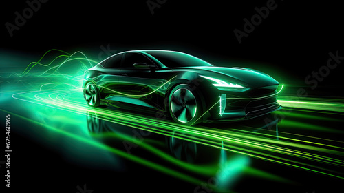 Green neon light motion glowing in the dark electric car on high-speed running concept. Fast EV silhouette. © Sasint