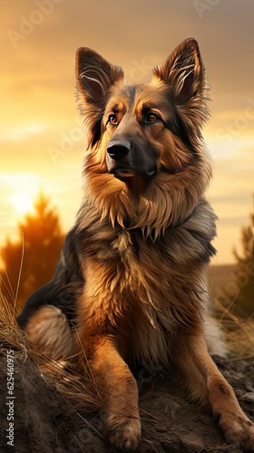 Sitting German Shepherd dog at sunset background, phone wallpaper, 8K photography, AI generation