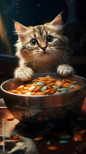 Little kitten eats from a bowl, wallpapers for mobile phones, portrait, photography 8K, AI generative