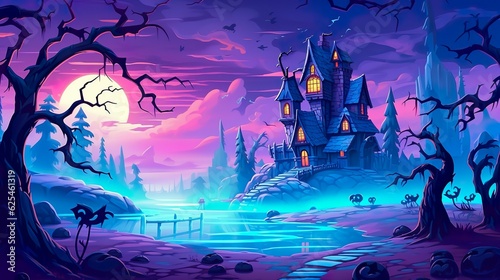 Abstract background ghost castle. A visually stunning illustration in a banner design, capturing the ethereal beauty and supernatural essence of a ghost castle, surrounded by neon. Generative AI.