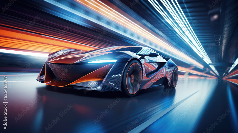 Futuristic sports car in motion - front perspective view Futuristic sports car in motion - front perspective view