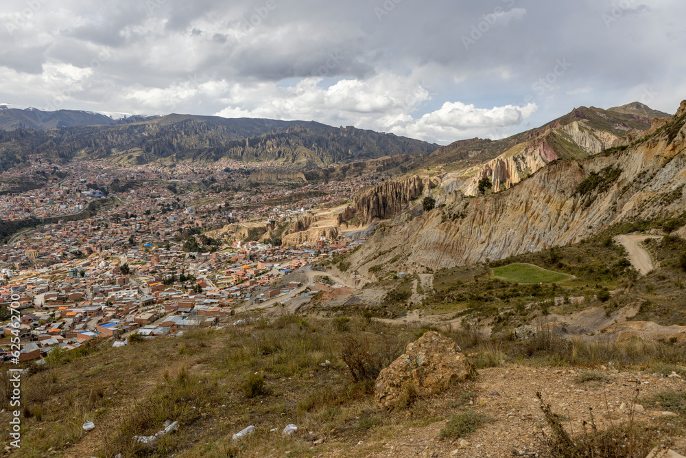 Scenic landscape at the viewpoint Muela del Diablo and the mountains surrounding the highest capital and vibrant city La Paz and El Alto in Bolivia