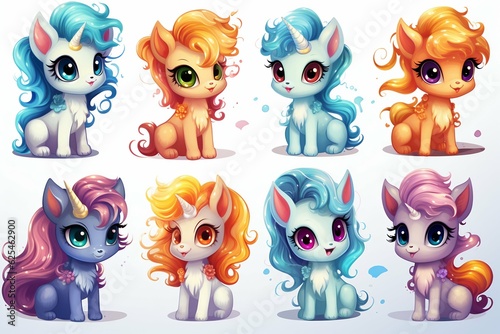 Collection of Cute Ponies on White Background. Generative AI.