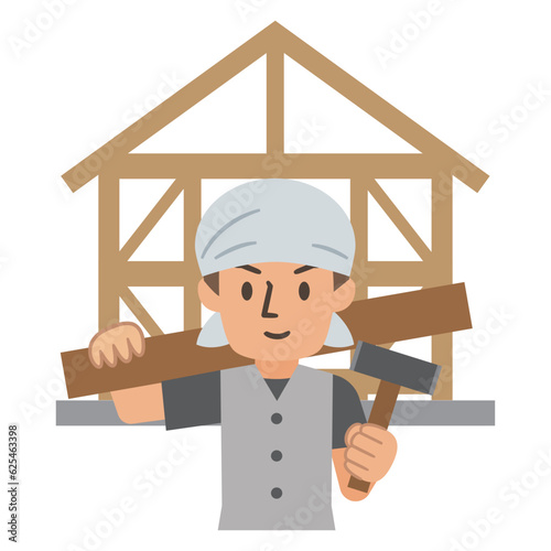 建設中の住宅と大工のイラスト
