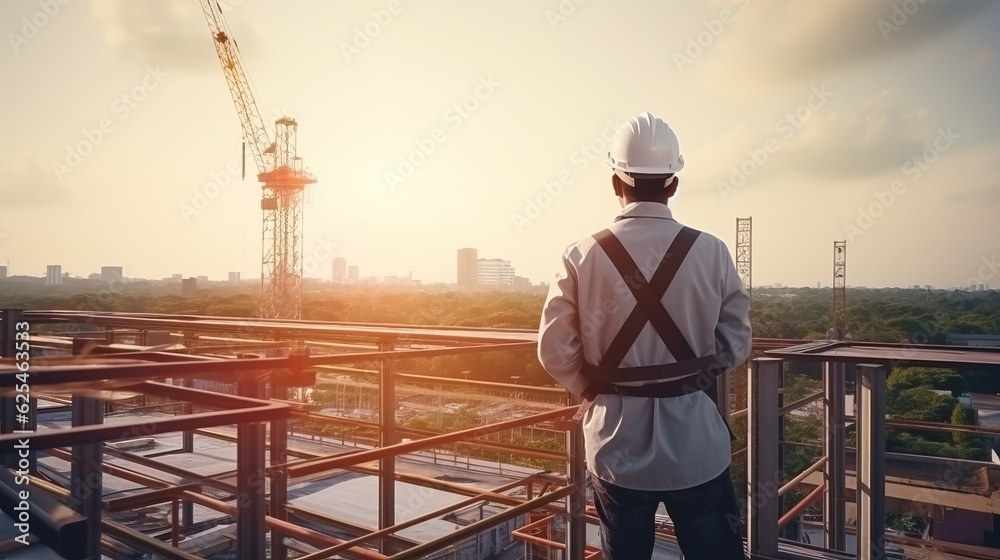 Engineer Technician Watching Team of Workers on High Steel Platform Engineer Technician Watching Team of Workers on High Steel Platform