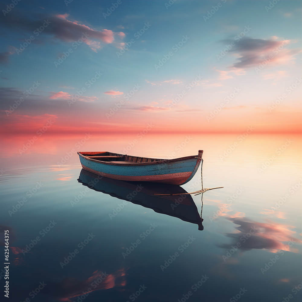 a lone boat on a calm lake during sunrise: The peaceful silhouette of a boat floating on still waters, with the soft morning light reflecting on the surface, creating a serene and introspective mood a lone boat on a calm lake during sunrise: The peaceful silhouette of a boat floating on still waters, with the soft morning light reflecting on the surface, creating a serene and introspective mood