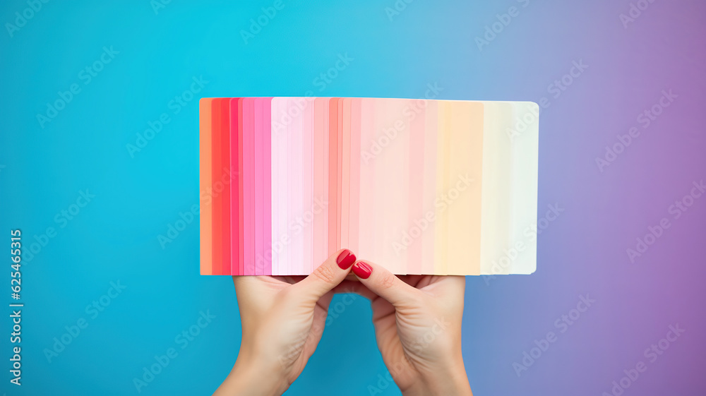 a-hand-showcases-pantone-colors-in-front-of-a-color-wall-stock