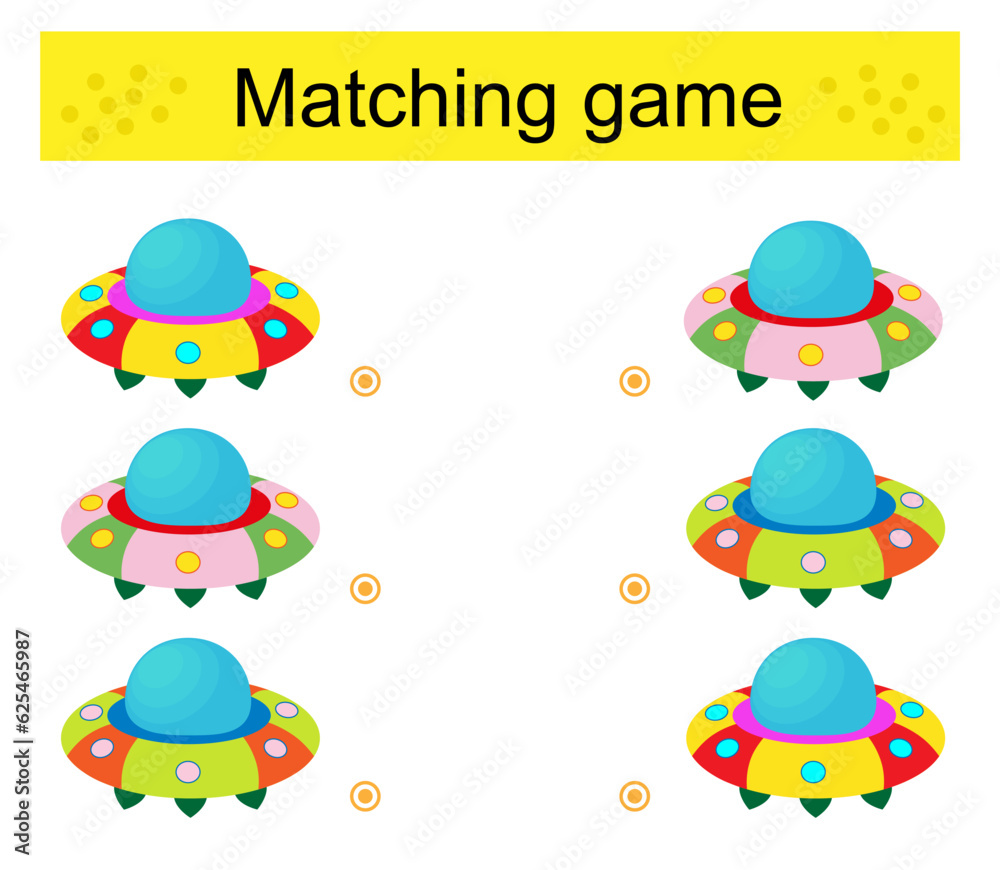Matching game. Task for the development of attention and logic. Cartoon flying saucer.