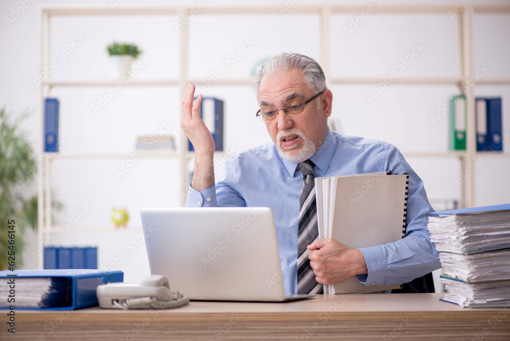 Old male employee working in the office Old male employee working in the office