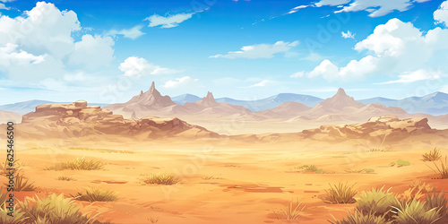 Anime sand dunes desert background backdrop illustration, sands blue skies wild west backdrop, generated ai