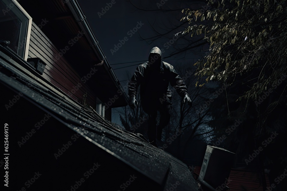 A burglar dressed in a black suit, wearing a balaclava and gloves, is captured by a surveillance camera while attempting to break into a house under the cover of darkness.