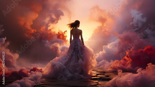 Young woman on a pink cloud, a fantasy sunset scene. Lady in a Wind Color Wedding Dress