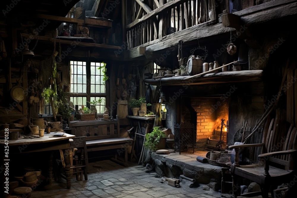 The inside of a rustic dwelling