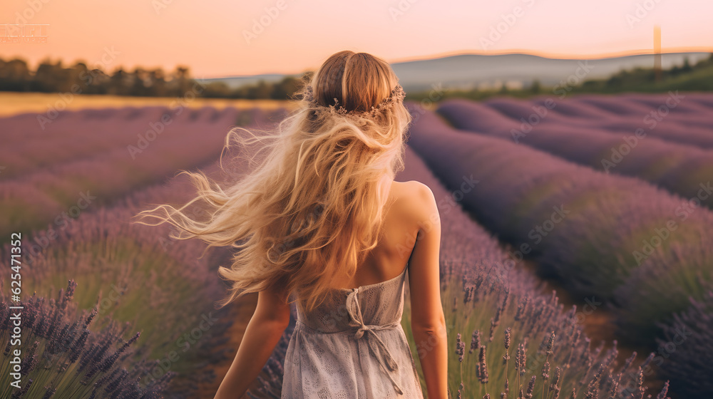 Obraz premium Blonde Girl Posing in a Lavender Field 