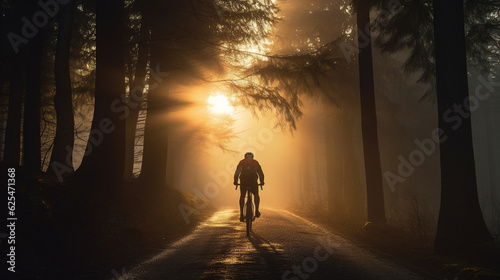 a cyclist riding through a misty forest at sunrise: The cyclist's silhouette moving through a foggy forest, with rays of sunlight streaming through the trees, creating a dreamy and atmospheric scene