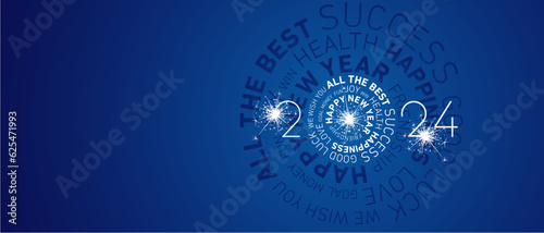 Happy New Year 2024 modern circle word cloud text with sparkle firework white blue greeting card