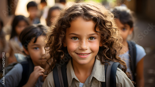 school children Smiling child looking at camera with friends in the background Generative AI