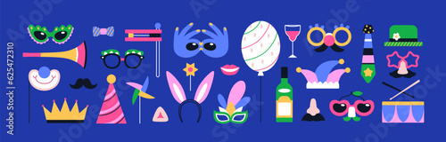 Purim carnival accessories set. Party masks, glasses with mustache, lips crown. Jewish holiday decorations, funny festival items, festive design elements bundle. Isolated flat vector illustrations
